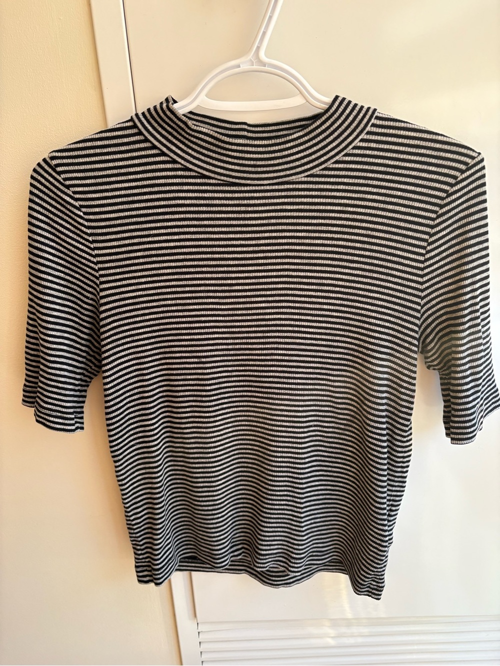 Divided Black and White Striped Mock Neck Short Sleeve Tee